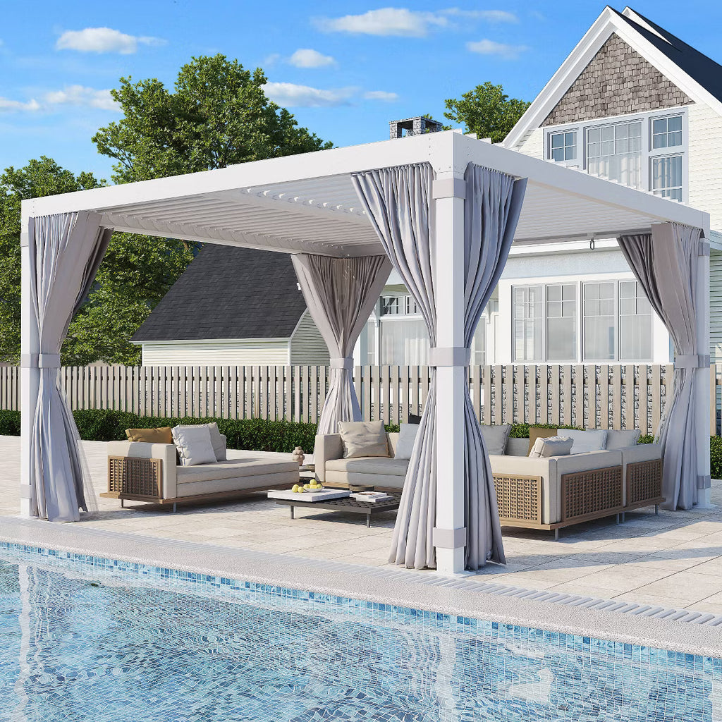 xBeStill Haven™ 10x10 Louvered Pergola with Adjustable Roof, Curtains & Netting