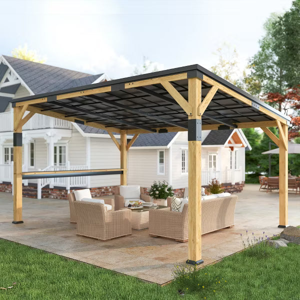 xBeStill Haven™ 10x14 Wooden Gazebo with Sloped Roof & Bar Shelf for Natural Outdoor Living