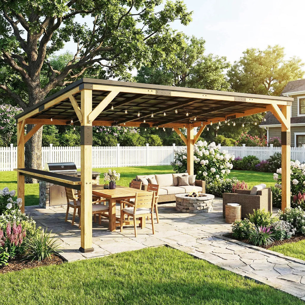 xBeStill Haven™ 10x14 Wooden Gazebo with Sloped Roof & Bar Shelf for Natural Outdoor Living